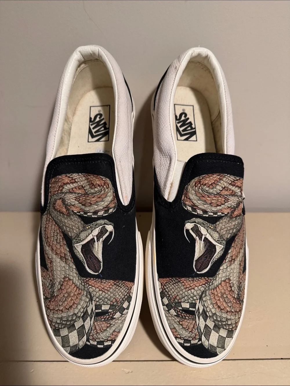 Vans Slip-On Loafers with Coiled Snake Graphic - Black, White, Brown